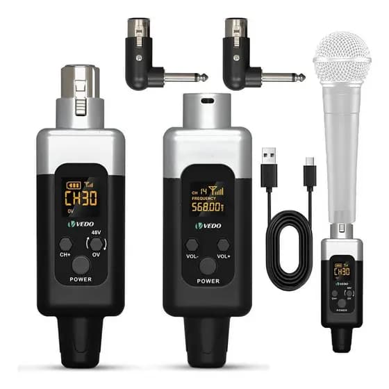 Conversor Microfone Sem Fio Uhf Transmissor Receptor 48v+ Preto/prata