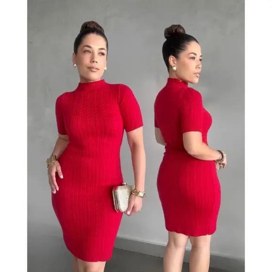 Vestido Midi Feminino Tricot Modal Elegante Gola Redonda Manga Curta Atemporal Moda Inverno Verão