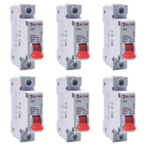 Kit 6 Disjuntor Unipolar 40A Monofásico 1 Polo Curva C 6KA DIN Elitek
