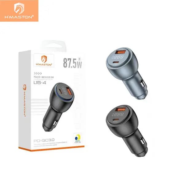 Carregador Veicular H’Maston L15-4 Turbo – Saídas USB e Type-C, LED, Carregamento Rápido Automotivo