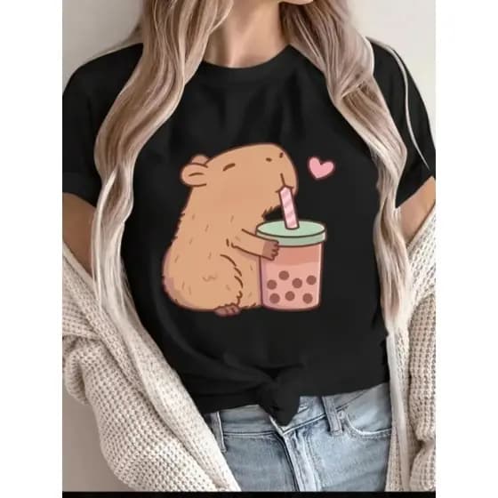 Camiseta Feminina Capivara T-Shirt Desenho Fofo Malha 100% Algodão