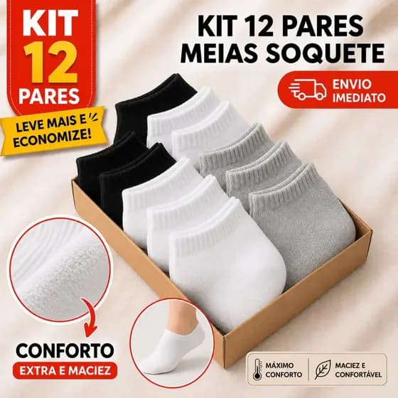 Kit 12 Pares de Meias Soquete Cano Curto Masculina Feminina Unissex