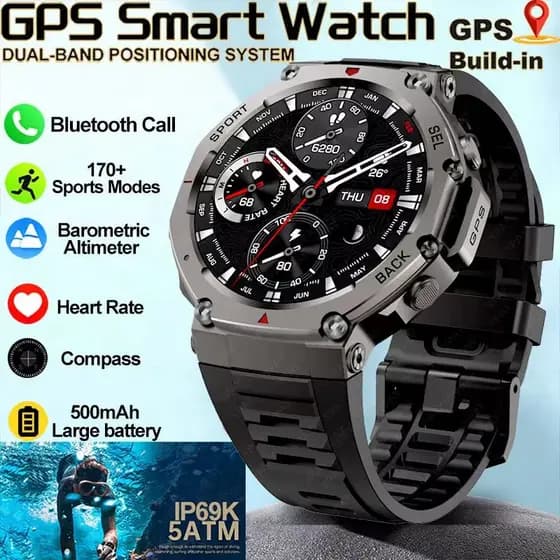 Mais Novo GPS Relógio Inteligente 5ATM À Prova Dwaterproof Água Embutido Banda Dupla GNSS Bússola Esporte Militar Smartw