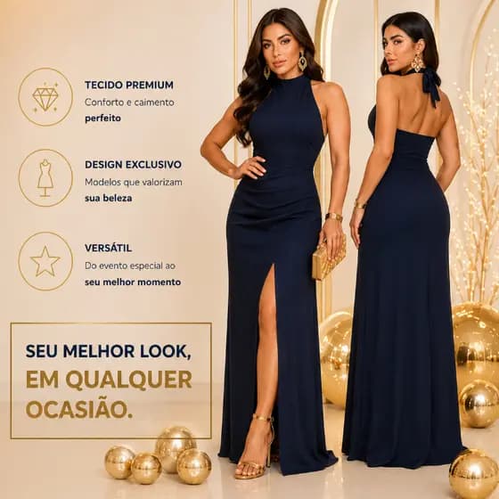 Vestido Feminino Longo Gola Alta Duna Plissado com Fenda - Vestido Longo Casual Elegance (P M G)