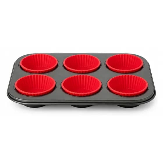 Forma de Cupcake Antiaderente com 6 Cavidades e Forminhas de Silicone 26x16cm Bolo Forno Prático