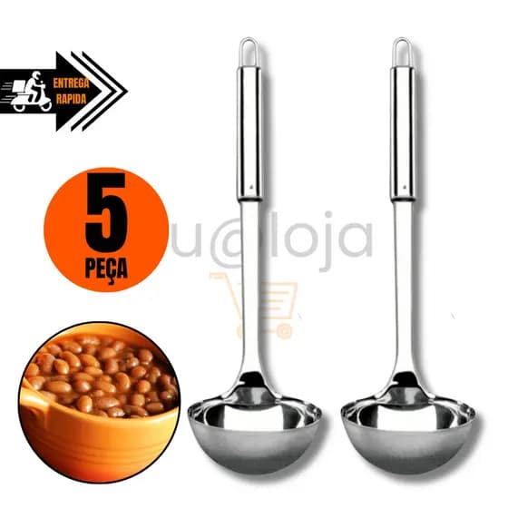 KIT 5/4 ou 1 Concha de Feijão 100% Aço Inox GRANDE Resistente p/ Molho Feijão Sopa Casa Restaurante Buffet 33CM PREMIUM