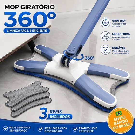 Mop Giratório 360° com 3 Refis de Microfibra | Limpeza de Cantos | Rodo Mágico para Piso