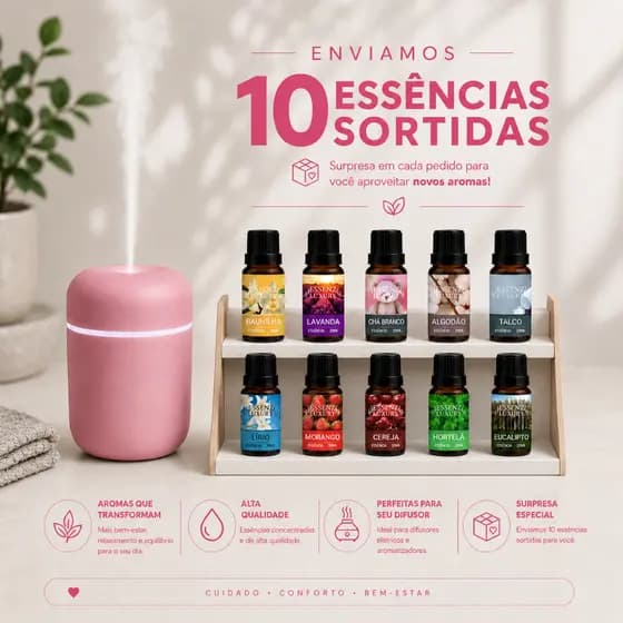Kit Umidificado Rosa Led Rgb 300ml Capacidade + 10 Essências de 20ml - Difusor Aromatizador Premium