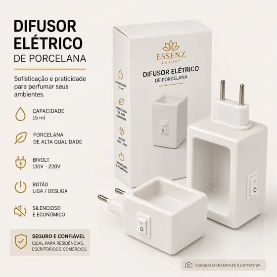 Difusor Elétrico de Porcelana Bivolt 220\110v, Difusor de Tomada 15ml, Botão Liga\Desliga, Plug Giratório, Material: Por