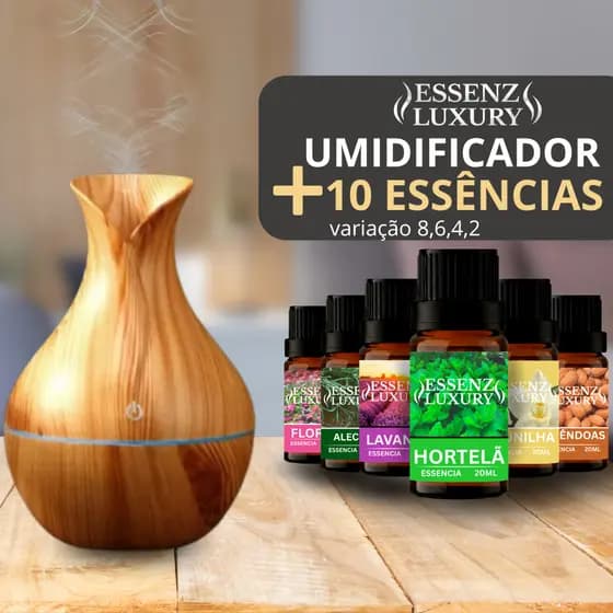 KIT 10/8/6/4/2 ESSÊNCIAS 20ML + UMIDIFICADOR VASO CLARO | AROMAS PARA CASA | PERFUME AMBIENTE