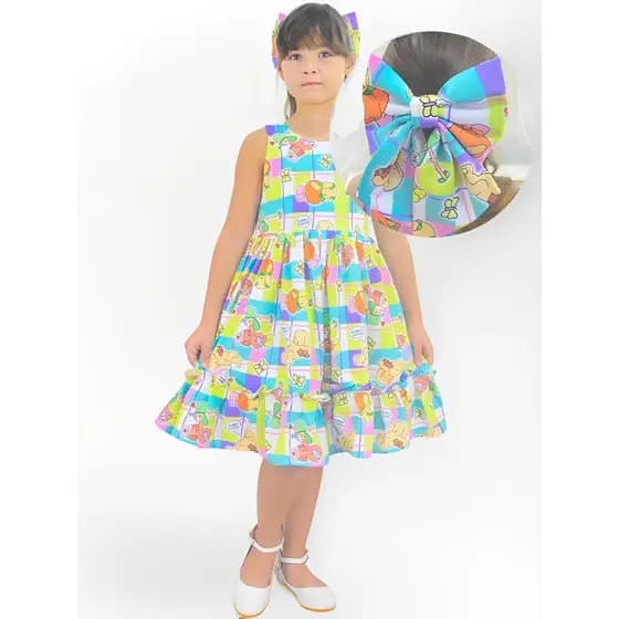 Vestido Infantil Inspirado nos Livros Colorir Luxo + Laço de Cabelo - Várias Cores