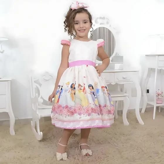 Vestido infantil tema das princesas com laço nas costas