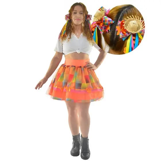 Kit Saia Junina Adulta Quadrilha Festa Caipira 3D - Tule Laranja + 2 laços