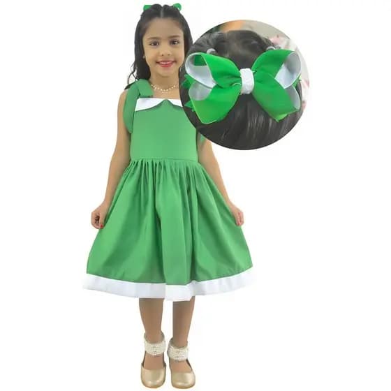 Vestido Infantil Verde Casual Menina Elegante + Laço Luxo