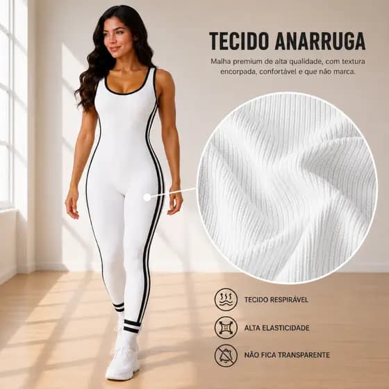 Macacão Feminino Longo Fitness Esportivo Canelado Anarruga com Listra