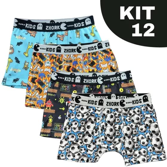 Kit 12 Cuecas Box Microfibra Forro 100% algodão 4 ao 8 Boxer Infantil Estampas Sortidas
