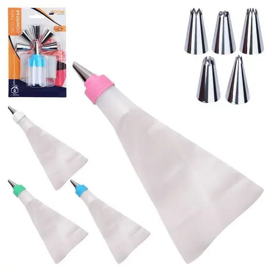 Kit Saco De Confeitaria com 6 Bicos Inox Decorador