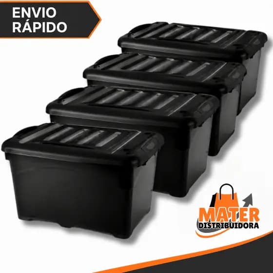 Kit 4 Unidades Caixa Organizadora 95 Litros Com Rodinhas e Trava Preta Para Transporte HeavyBox