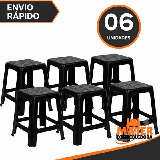 Kit 6 Banqueta Plástica Preta Resistente Empilháveis Adulto Suporta Até 120Kg
