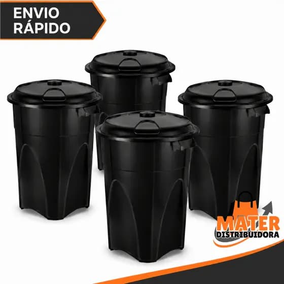04 Unidades Cesto de Lixo 100 Litros Preto Reforçado Com Alça - Injeplastec