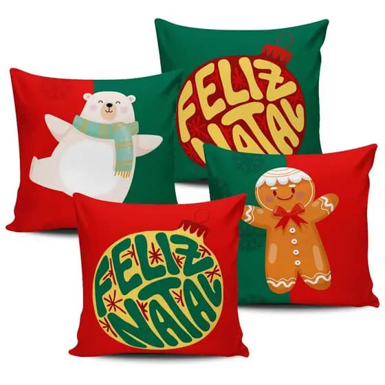 Kit Com 4 Capas Almofadas Feliz Natal Verde e Vermelho 45x45cm