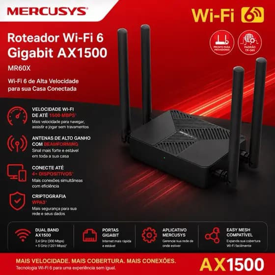 Roteador WiFi 6 Mercusys MR60X AX1500 Mesh Access Point 2,4/5GHz Portas Gigabit rapido streamer