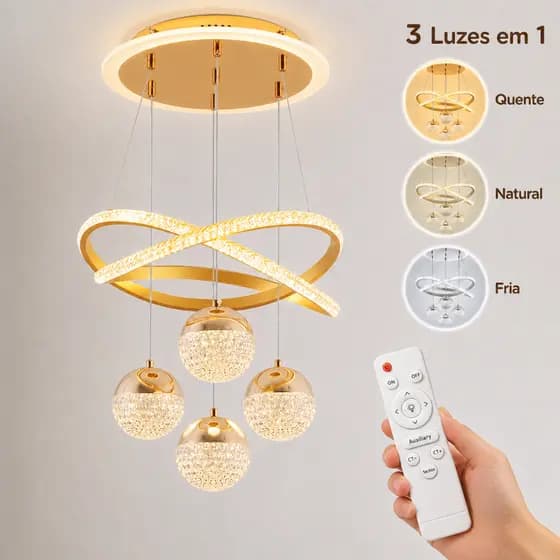 Lustre de Teto Nórdico Luxuoso LED 3 Cores Bivolt 110V-220V para Sala de Jantar e Estar
