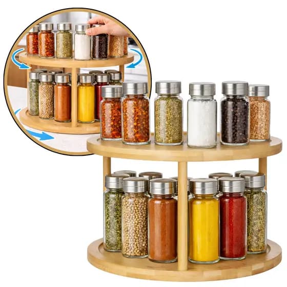 Organizador Bambu Giratório Porta Temperos Duplo Cozinha
