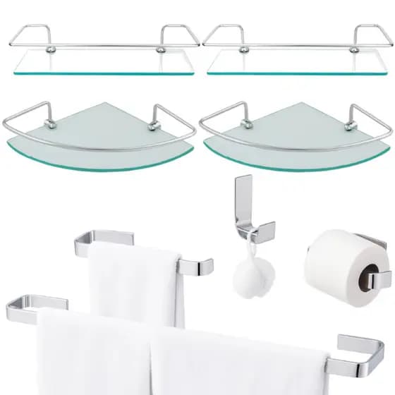 Kit Acessórios Conjunto Banheiro Inox Peças + Porta Shampoo Prateleira Vidro Reto e Canto
