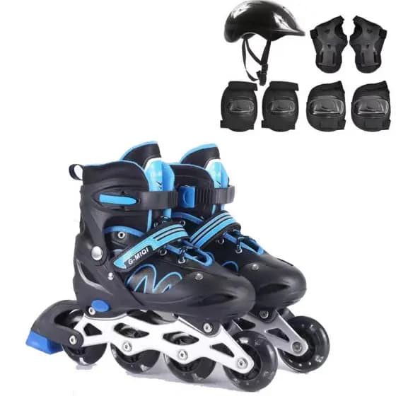 Patins Roller Inline Preto Com Azul Meninos Com Protecao Patins Criancas 4 Rodas Reta