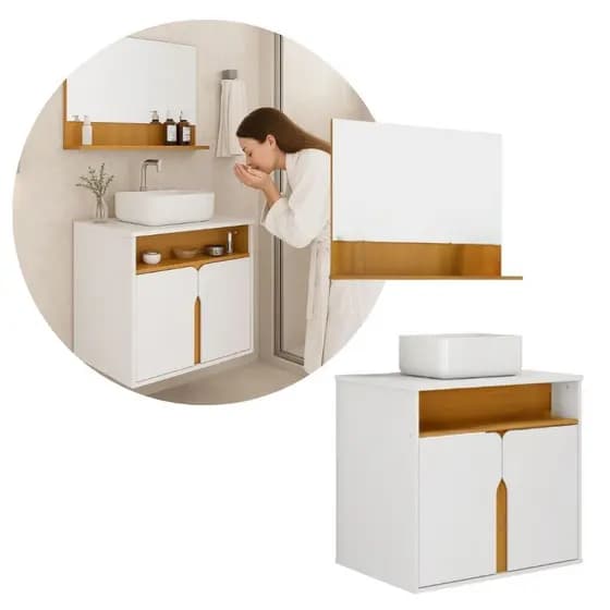 Kit Gabinete Banheiro 60cm Cuba de Resina e Espelho MDP Armario Conjunto Para Banheiro com Pia