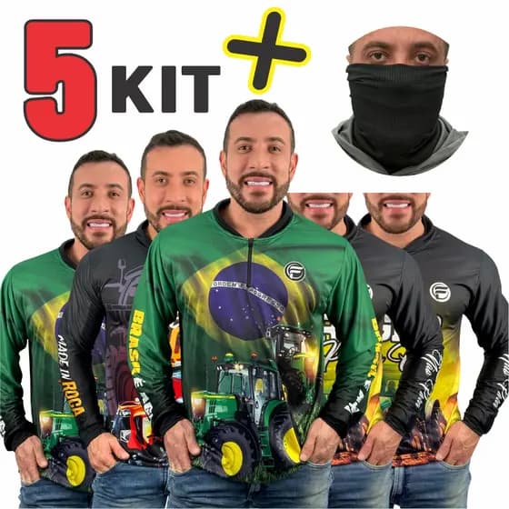 KIT 5 Camiseta do Agro + Bandana Masculina Brasil UV Camisa Qualidade Premium Manga Longa