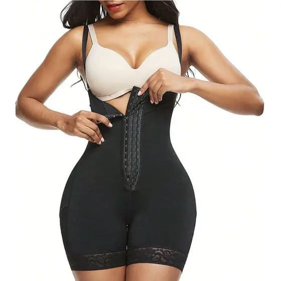 Body Modelador Feminino Controle do Abdômen Levanta Bumbum 3 Camadas Alças Removíveis Preto e Bege Claro