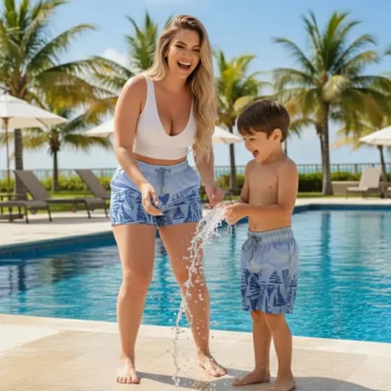 Kit Mãe e Filho Short Azul Sereno Praia Estampado Azul Confortável para Piscina e Verão