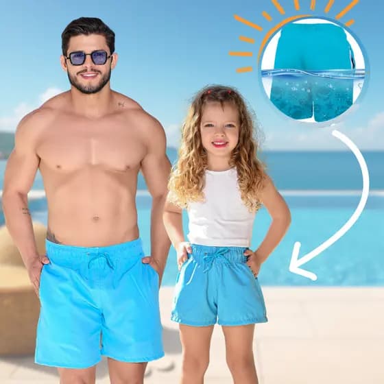 Kit Short Mágico Pai e Filha Azul Ciano Verão Praia Piscina Tactel Secagem Rápida Confortavel