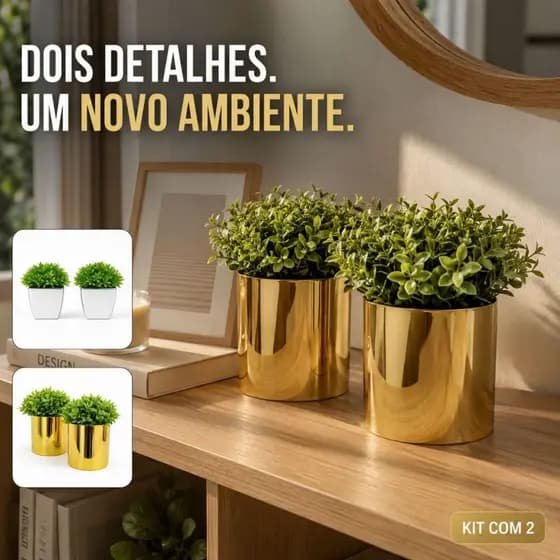 Kit 2 Vasinhos Decorativos com Plantas Artificiais Montado - Decore sua Sala com Estilo