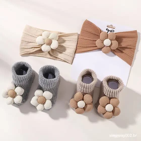 Conjunto de Meias de Algodão Puro para Bebê Menina Recém-Nascida SZQA com Lenço de Nylon e Faixa de Cabelo NRIQ