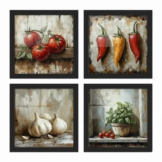 Kit 4 quadros 18x18 cm cozinha, gourmet, bistrô, vintage