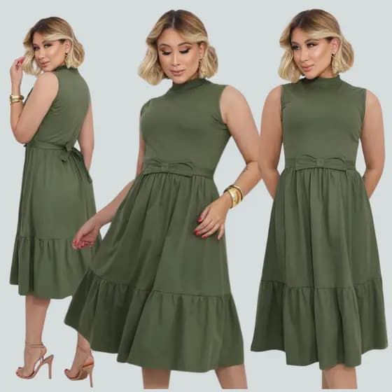 Vestido Midi Rodado Duas Marias Sem Manga - Malha Basica Gola Alta Redonda Algodao Confortavel