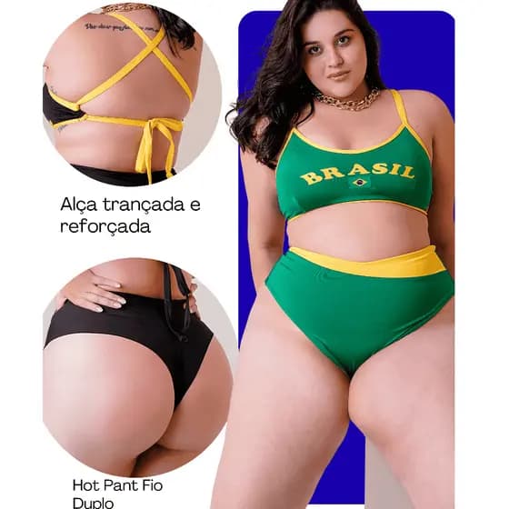 Biquini Brasil Copa do mundo Plus Size 42 ao 56 alça reforçada e Calcinha Hot Pant Forrada