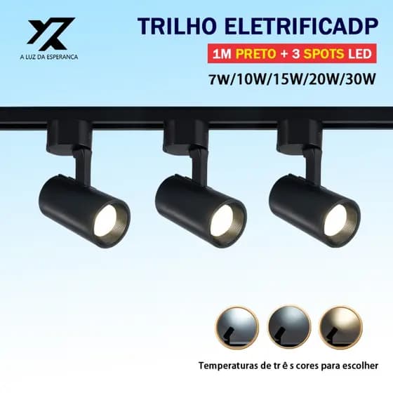 Kit Trilho Spot LED 1M Preto+3 Spots Eletrificado Led Cor Preto Branco bivolt 7W 10W 15W 20W 30W