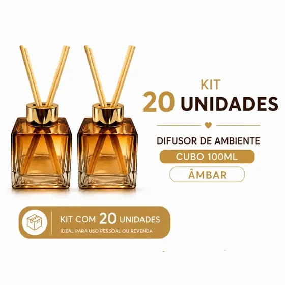 Kit 20 Frasco de Vidro Cubo AMBAR 100ML Tampa Luxo Para Aromatizador Difusor