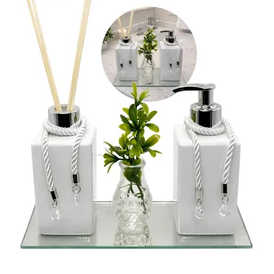 Kit Lavabo Vidro Square Branco 250ml Saboneteira e Aromatizador com Bandeja