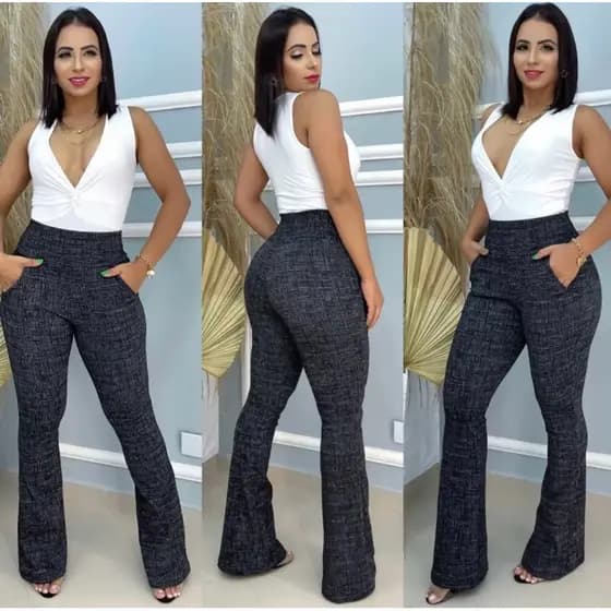 Calça legging Flare Jacquard Social Femenina Bolsos Laterais