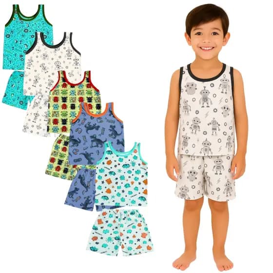 Kit 10 Peças Pijama Infantil Regata Masculino Sendo 5 Camisetas + 5 Bermudas 2 ao 8 Anos