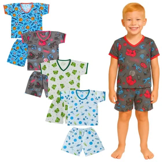 Kit 6 Peças Pijama Infantil Masculino Sendo 3 Camisetas + 3 Bermudas 2 ao 8 Anos