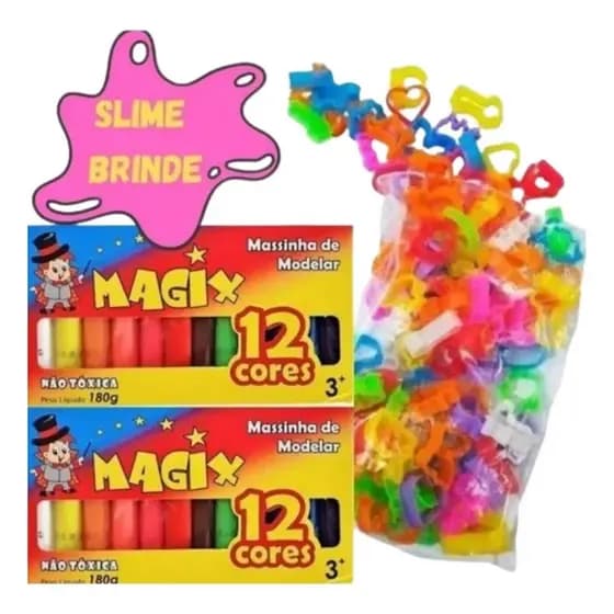 Kit 24 Massinha De Modelar + 25 Moldes de Forminha + Slime Atacado Lembrancinha Festa Criança