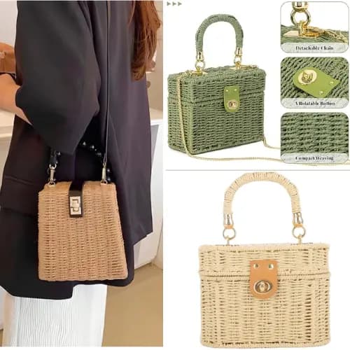 Bolsa Feminina de Palha Praia Mão Transversal/Retangular/Modelo Baú/Forrada/Alça Corrente/Alça mão Bolinha