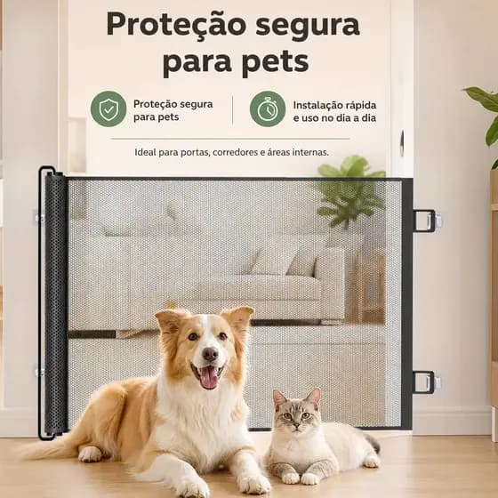 Portão de Segurança Retrátil para Cachorro, Gato ou Bebê – Tela Protetora Ajustável com Fixação Adesiva Para Uso Indoo
