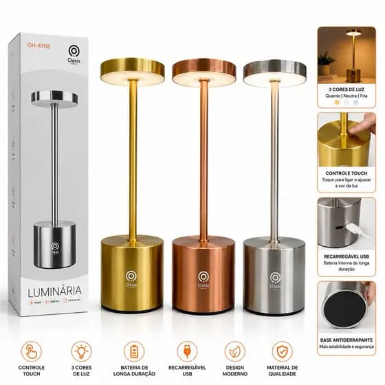Luminária de Mesa LED Recarregável USB Touch 3 Cores de Luz Sem Fio Abajur Moderno Decorativo